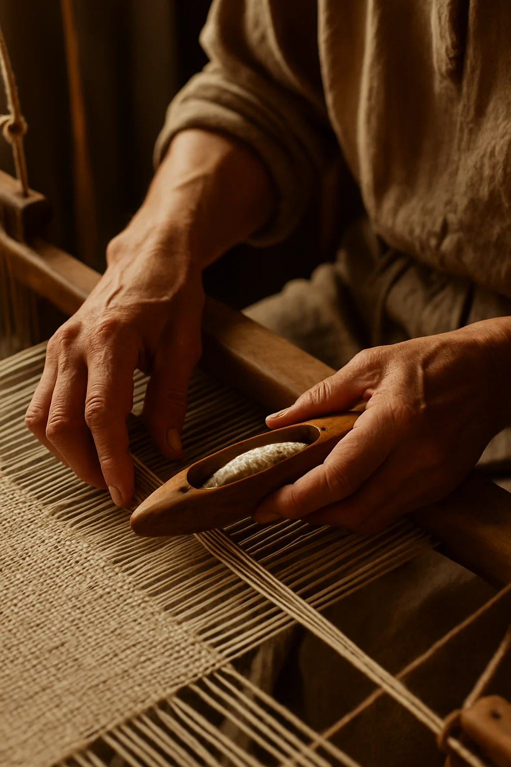 A man's hand with weaving suttle and threads