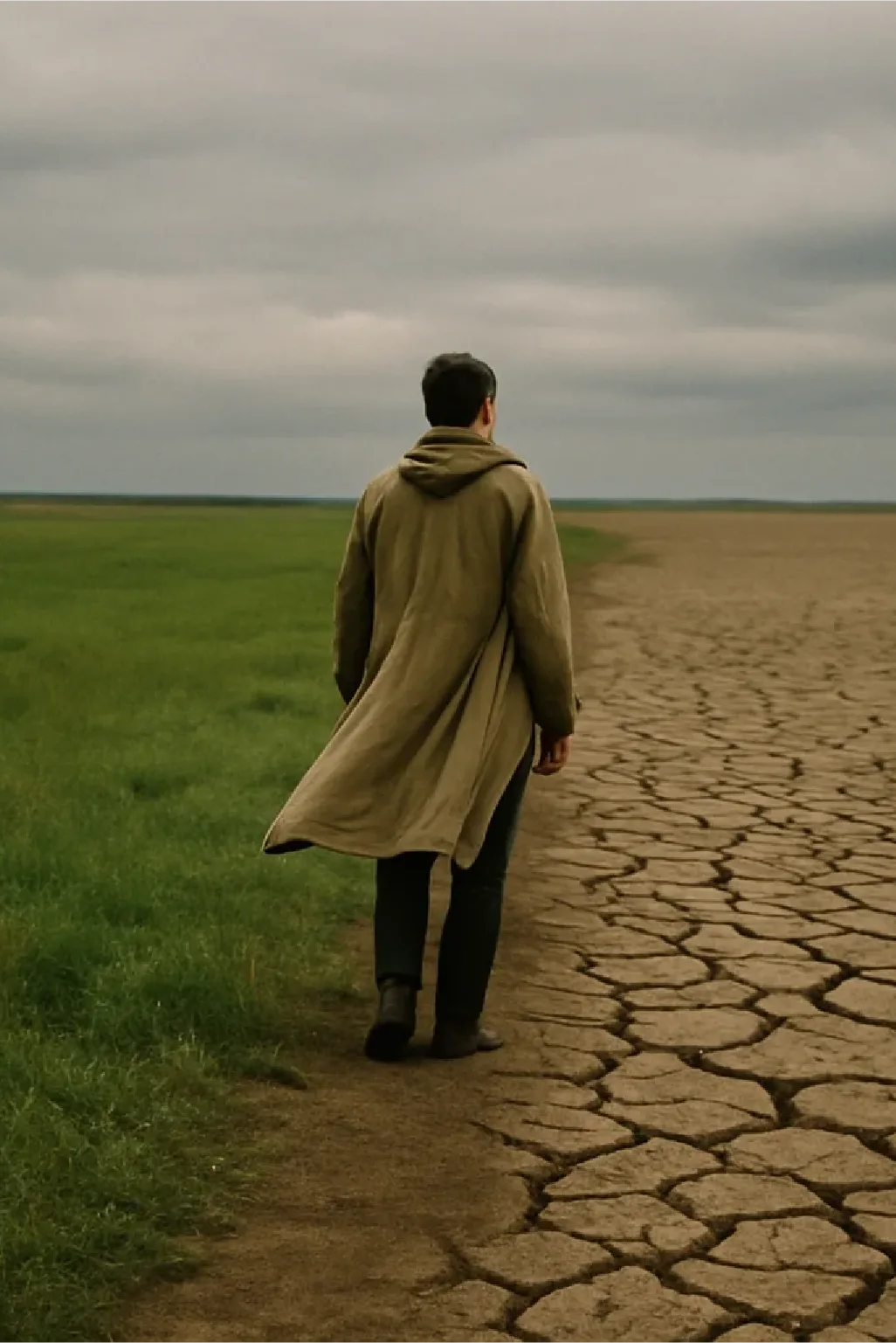 Person walking along a boundary between green grassland and cracked dry land