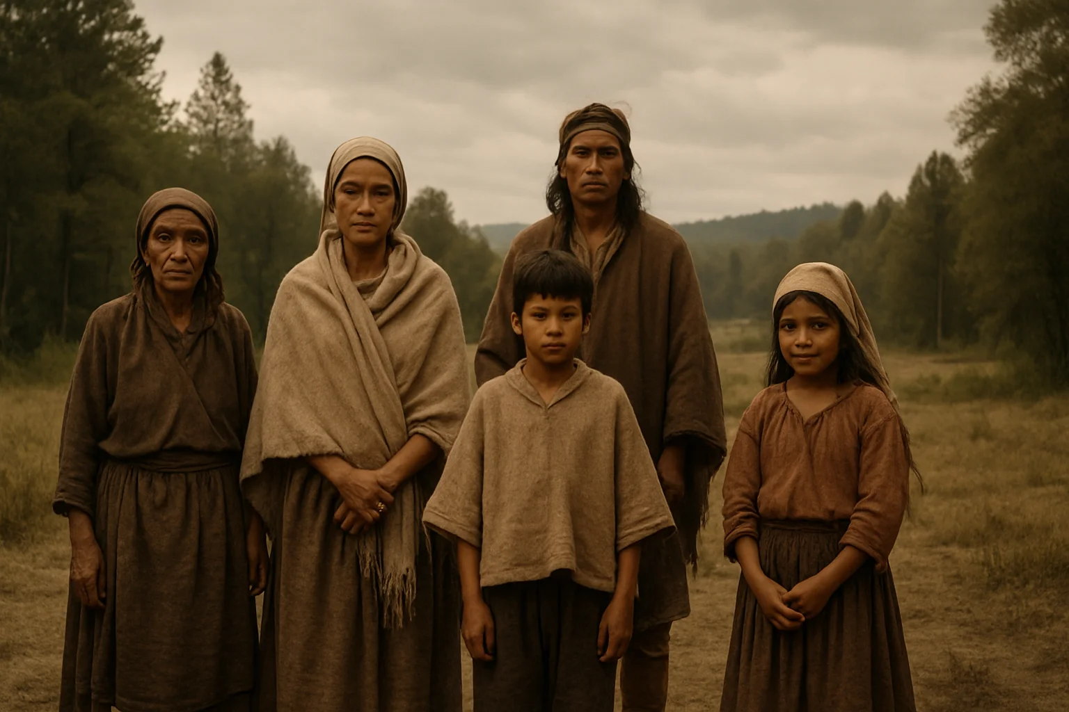 Indigenous family standing together in traditional clothing in a rural landscape