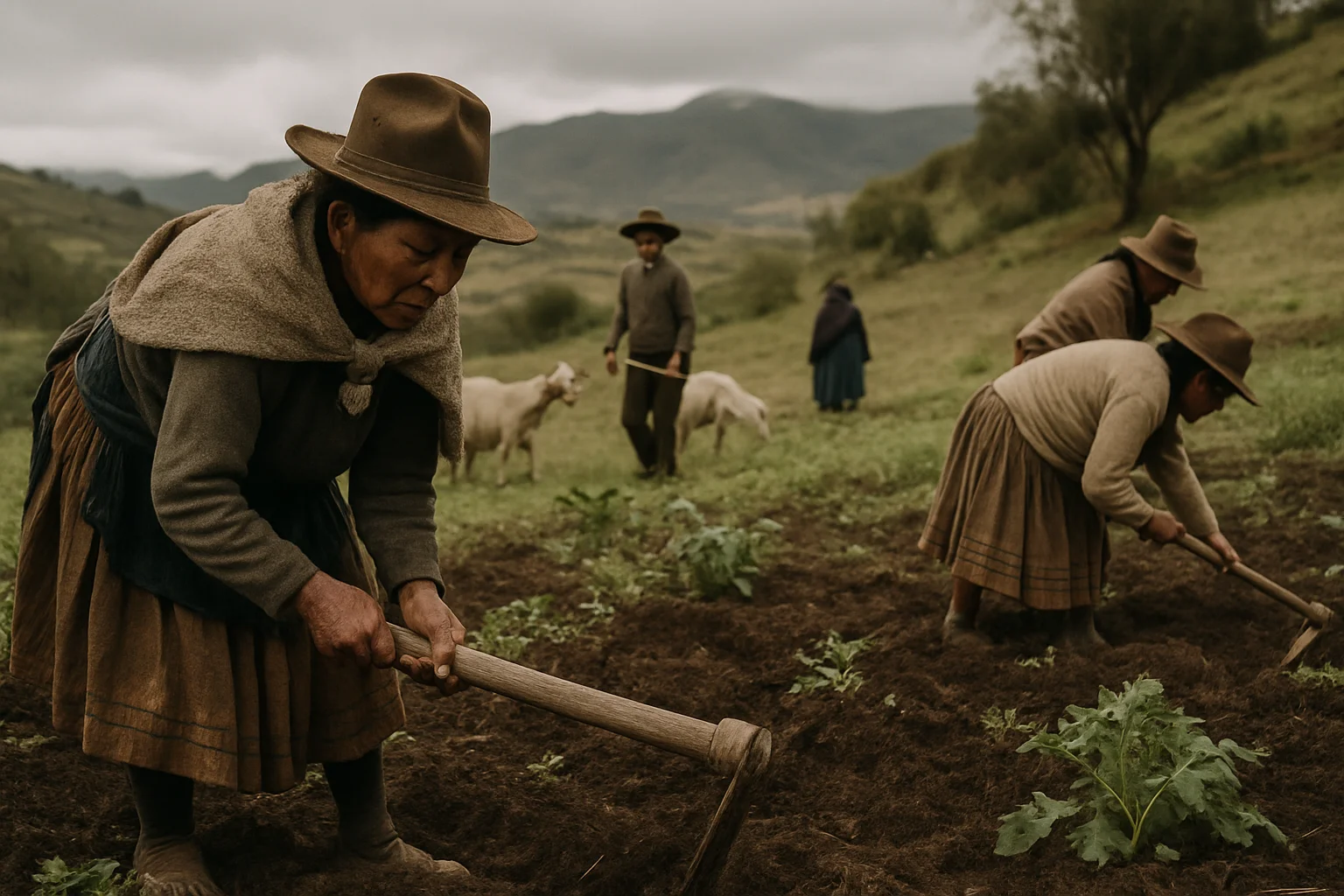 People practicing traditional farming methods together in a rural landscape