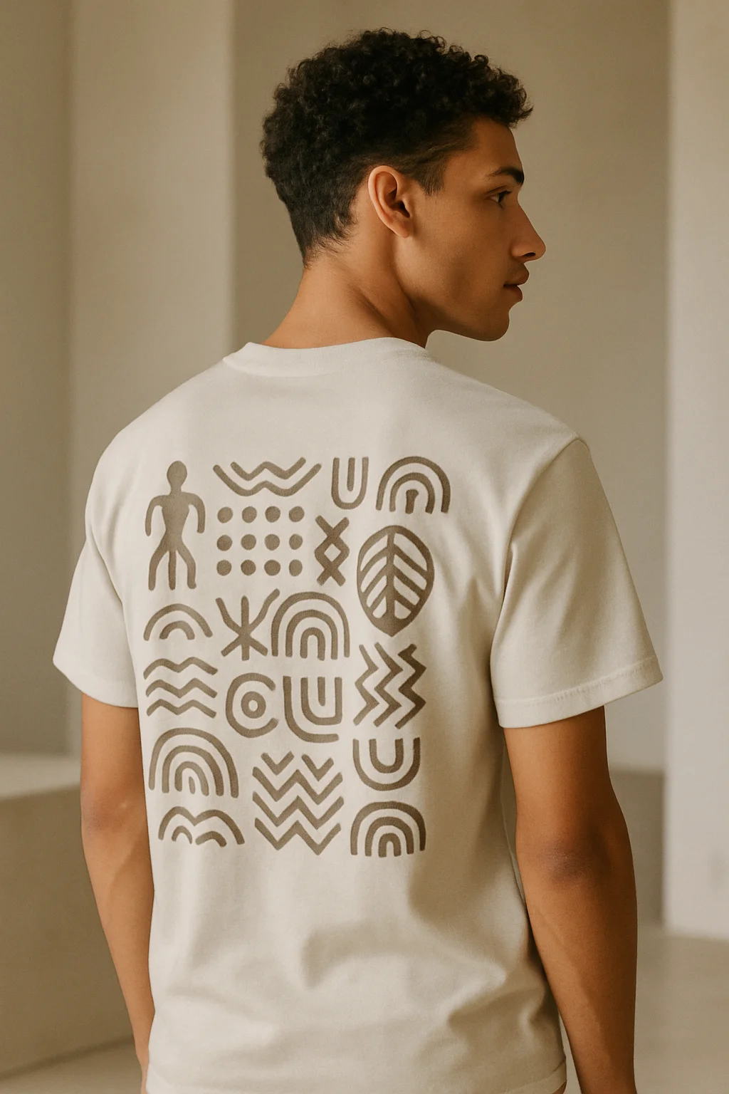 person wearing t shirt with echoed symbol on back