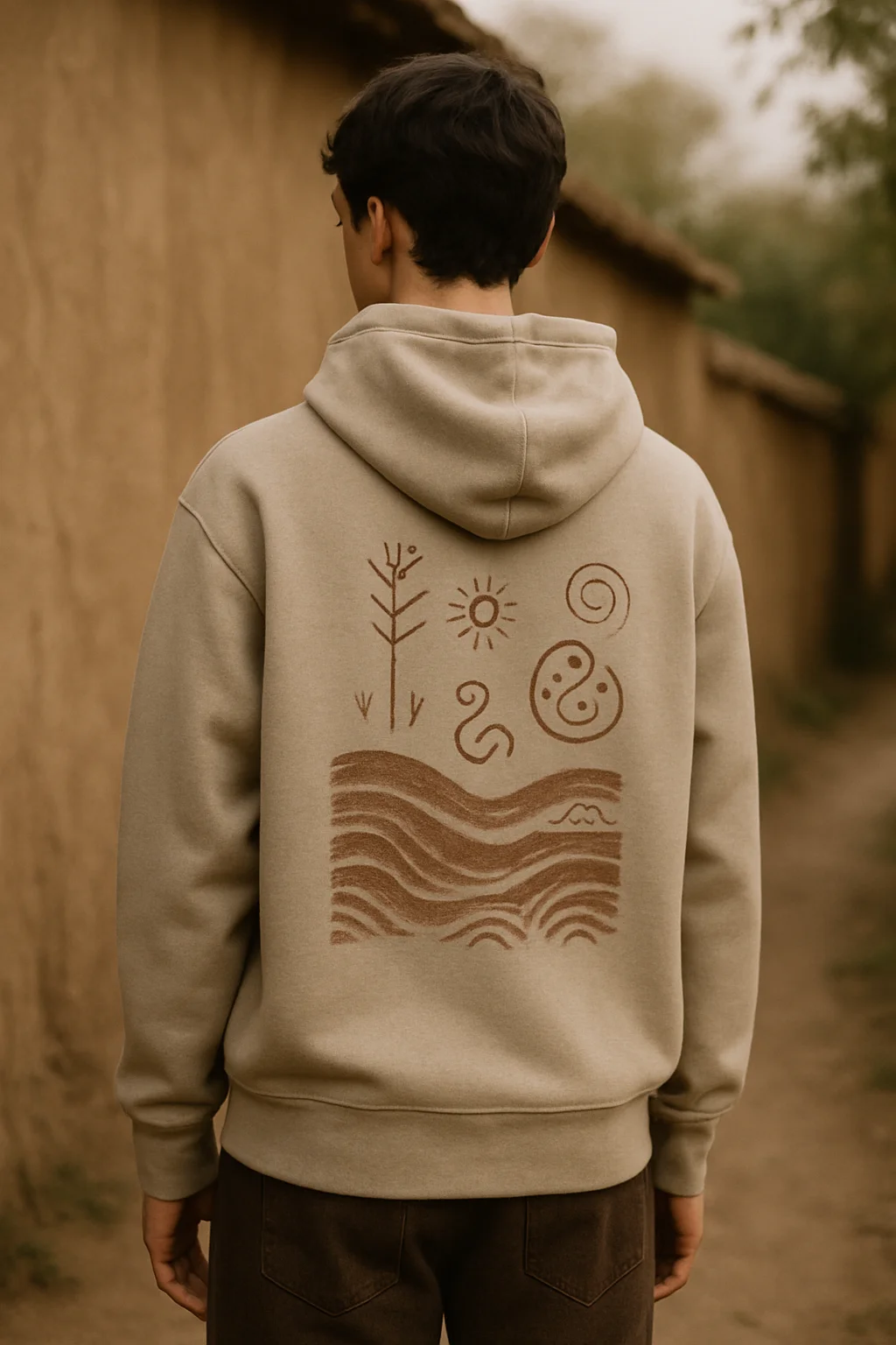 person wearing hoody with back print of rural symbols and waves