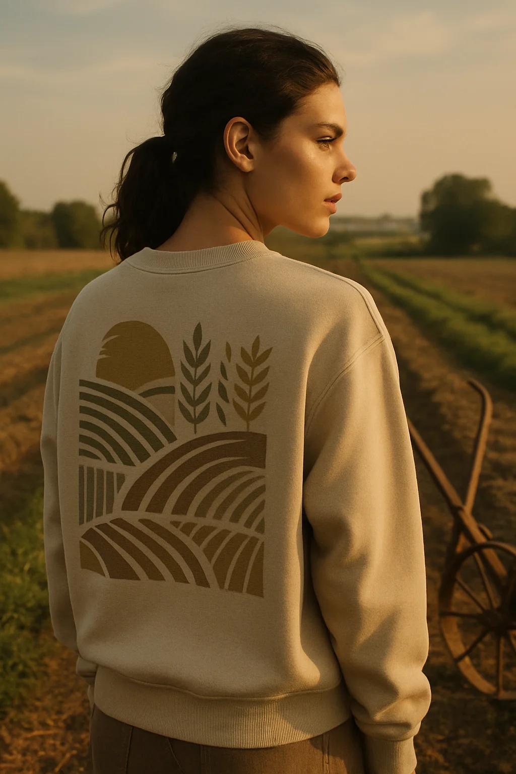 Sweatshirt inspired by agricultural fields, featuring harvest line artwork in a rural farmland setting