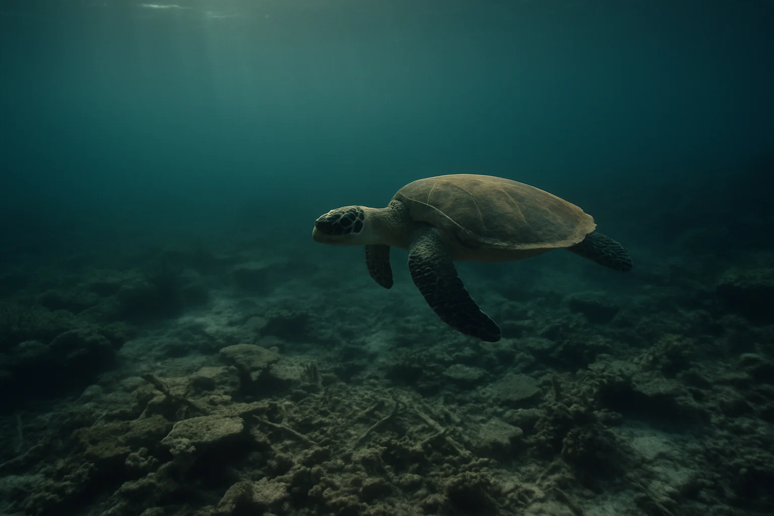 Hawksbill sea turtle swimming above a coral reef