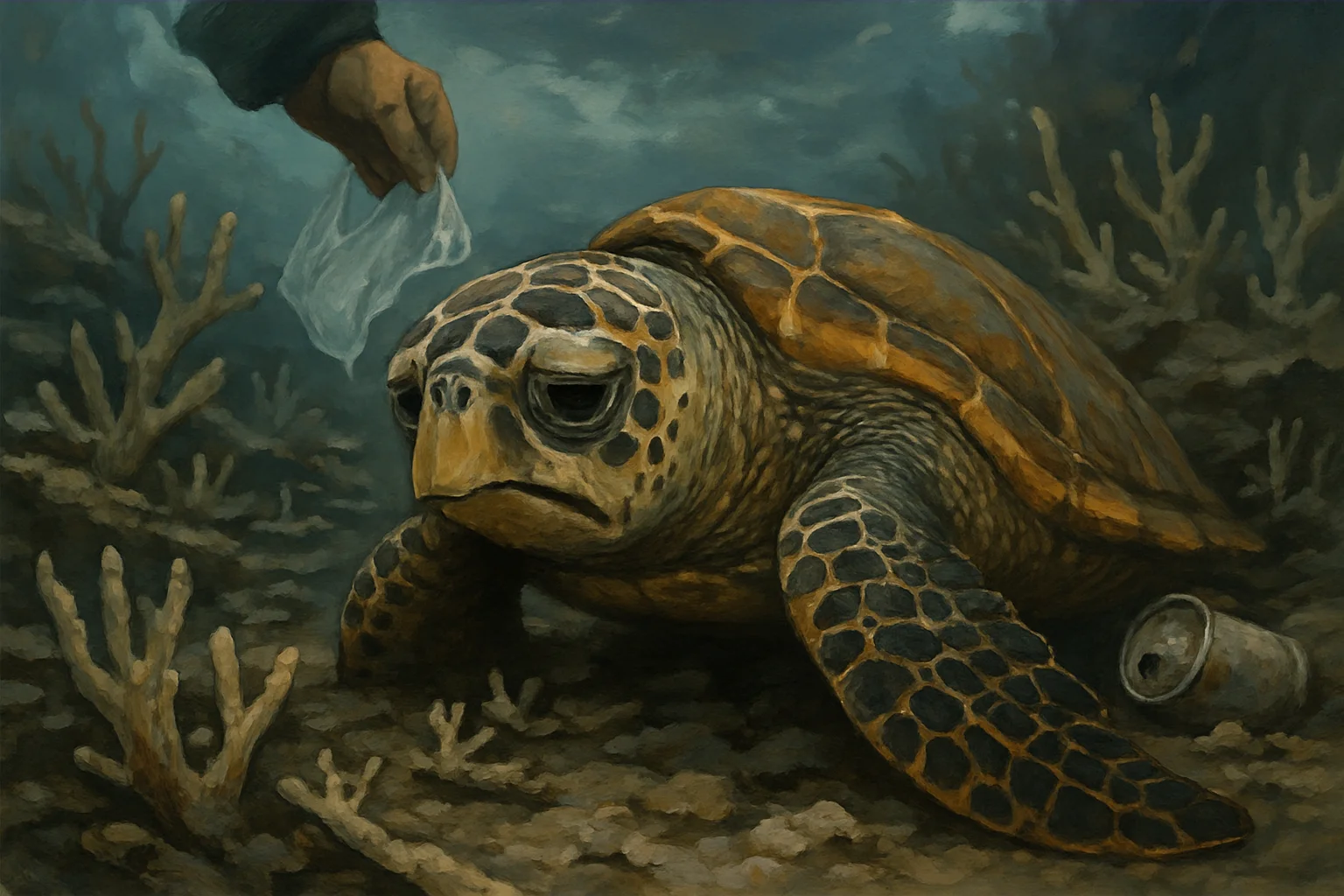 A sad hawksbill turtle because we are throwing the plastics in ocean, that destroying coral reaf