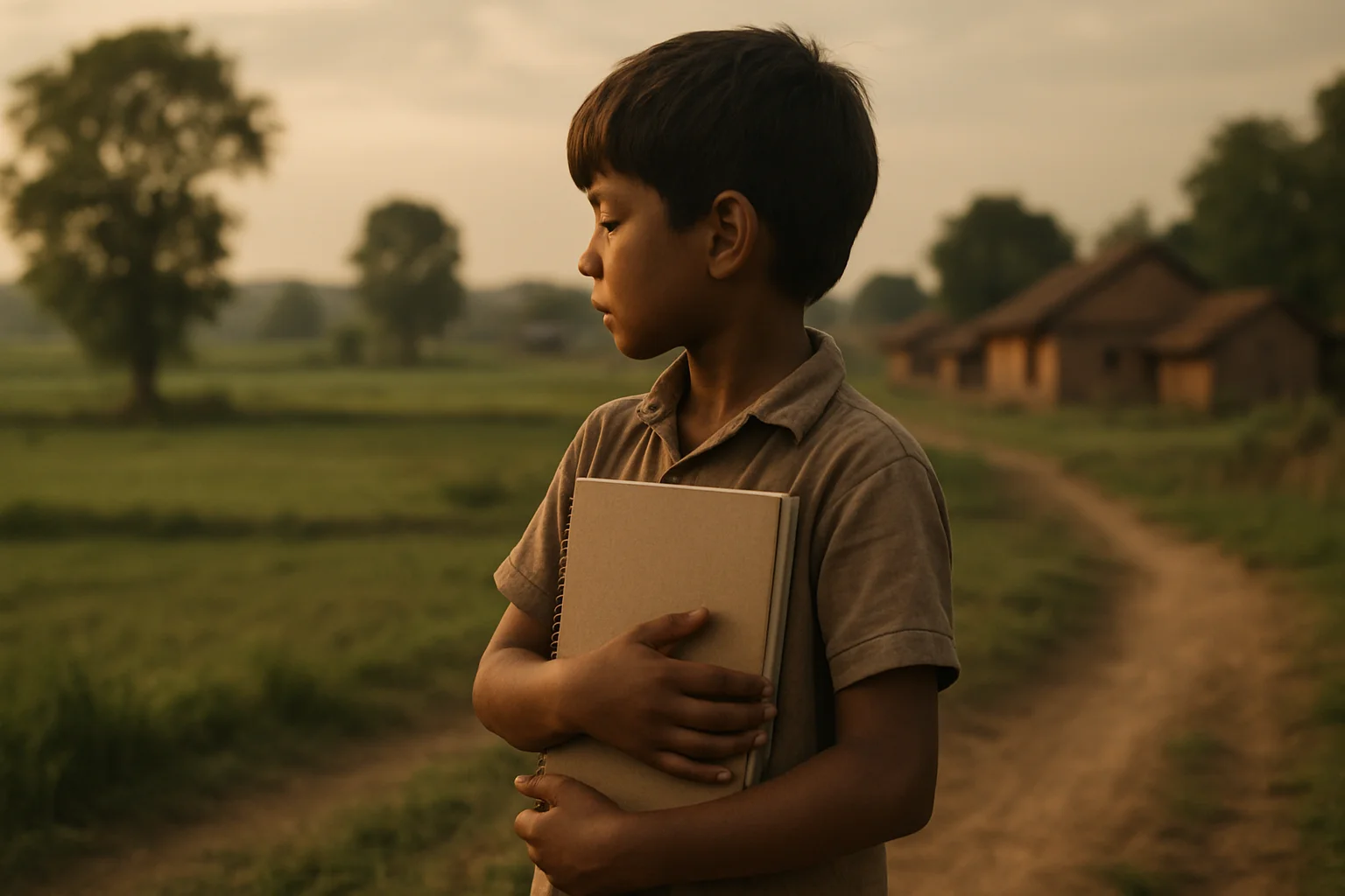 Conceptual artwork of a rural child holding a sketchbook for the Honest Drawing project by Rabanizz
