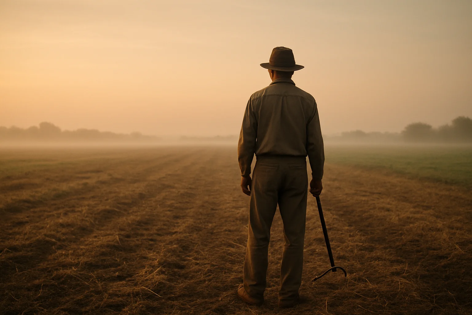 Farmer standing in an open field at dawn representing the human connection to land