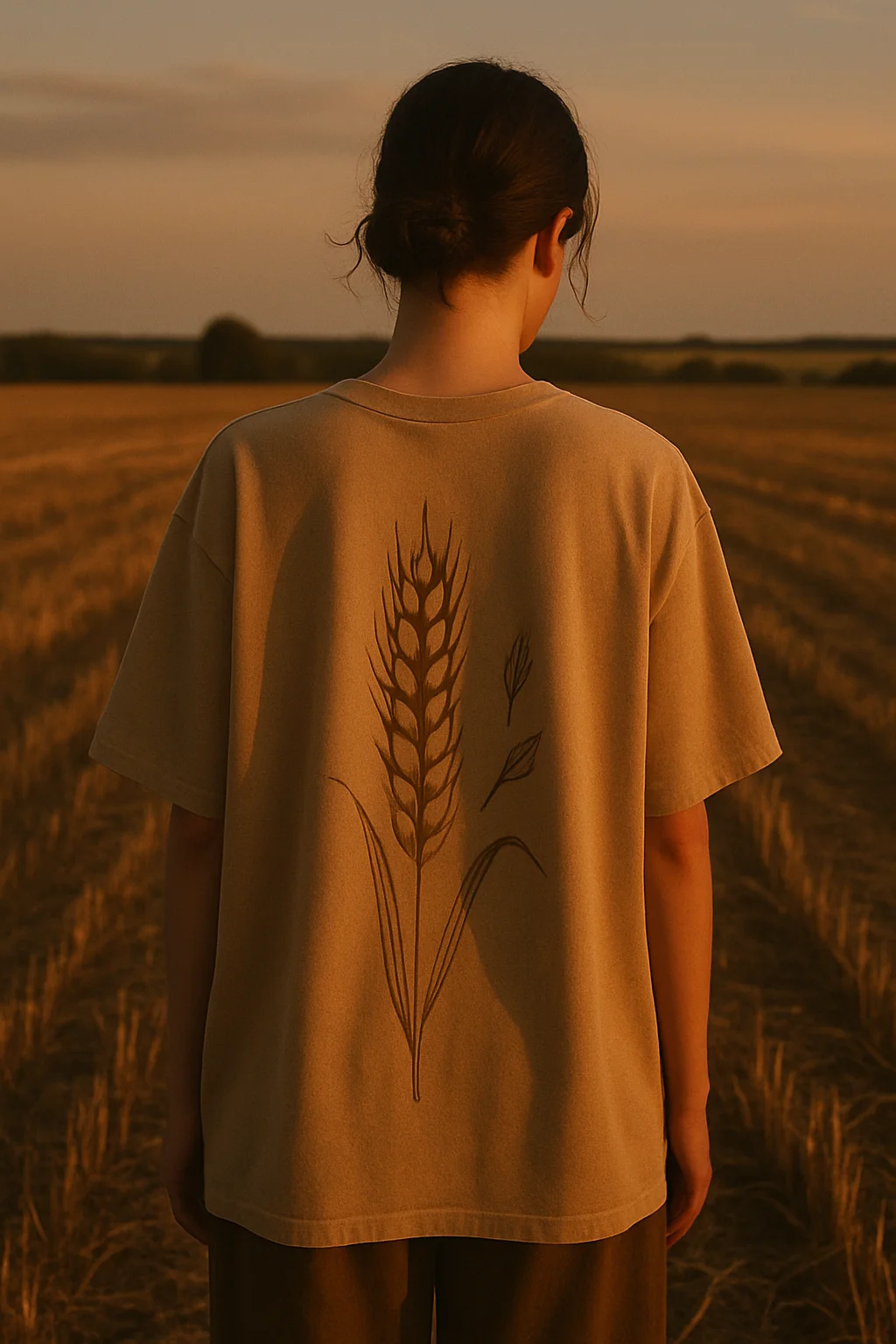 person wearing oversized t shirt with wheat print on back
