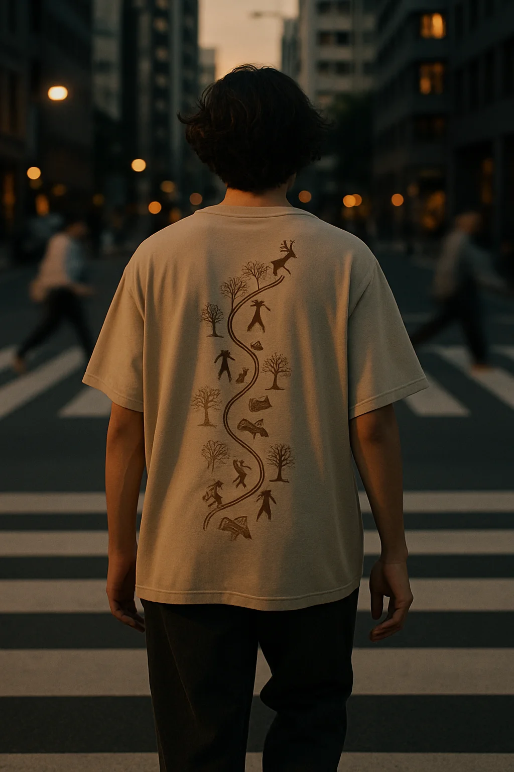 Person wearing a t-shirt with vertical nature-inspired illustration on the back