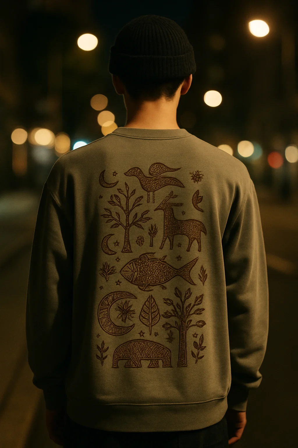 Person wearing a sweatshirt with animal-inspired artwork on the back