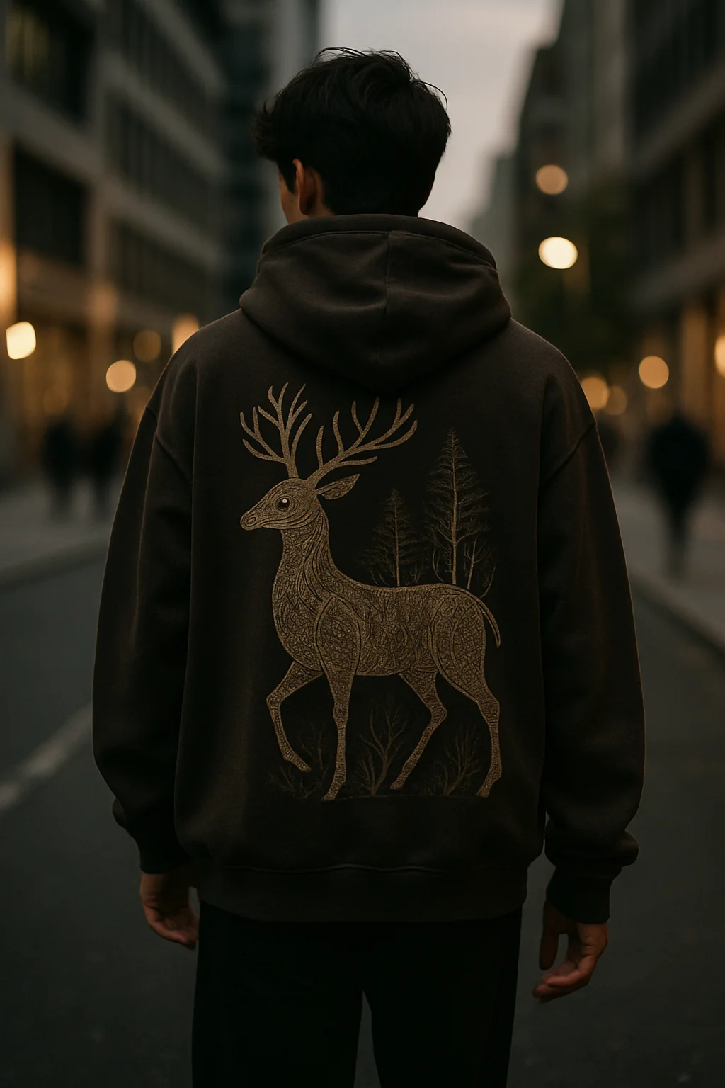 Man wearing hoodie with Gond tribal deer and forest artwork in city street
