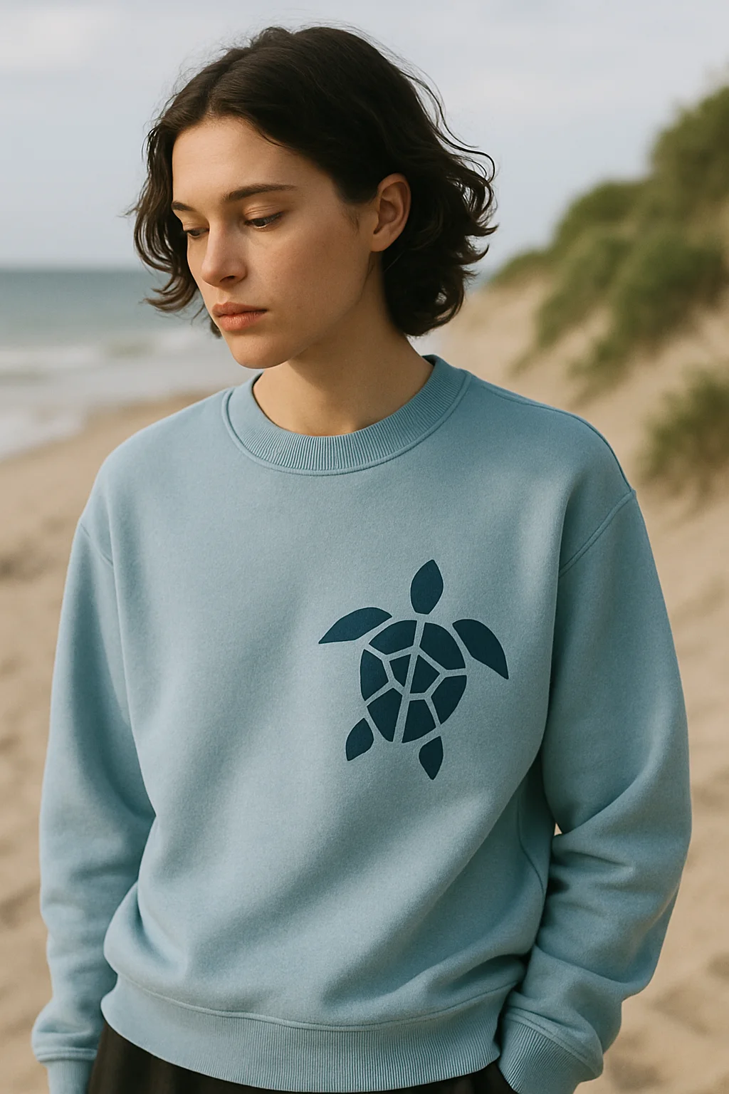 Person wearing a sweatshirt with a hawksbill sea turtle inspired graphic from the Rare Species collection