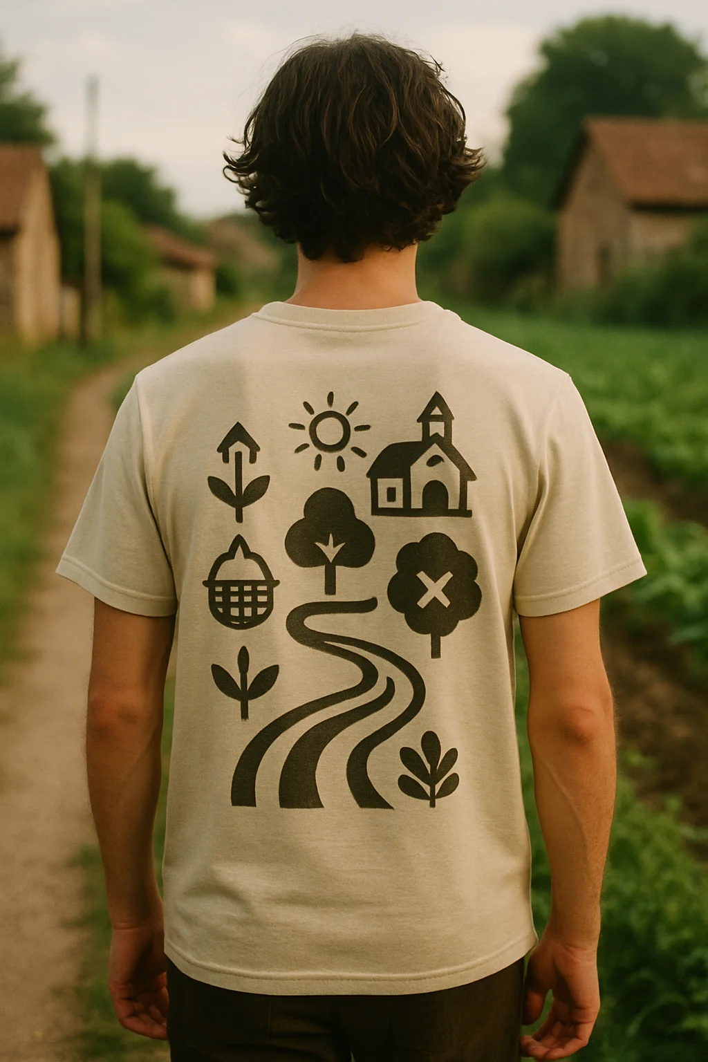 person wearing a t shirt with rural echo motiffs printed on back