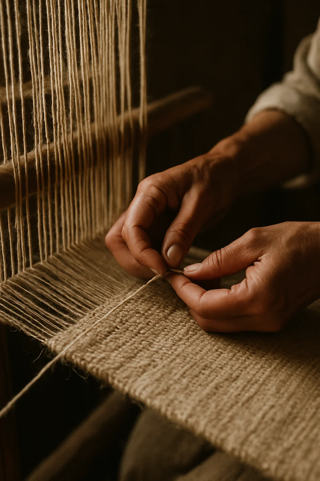 A man hand weaving textile on loom