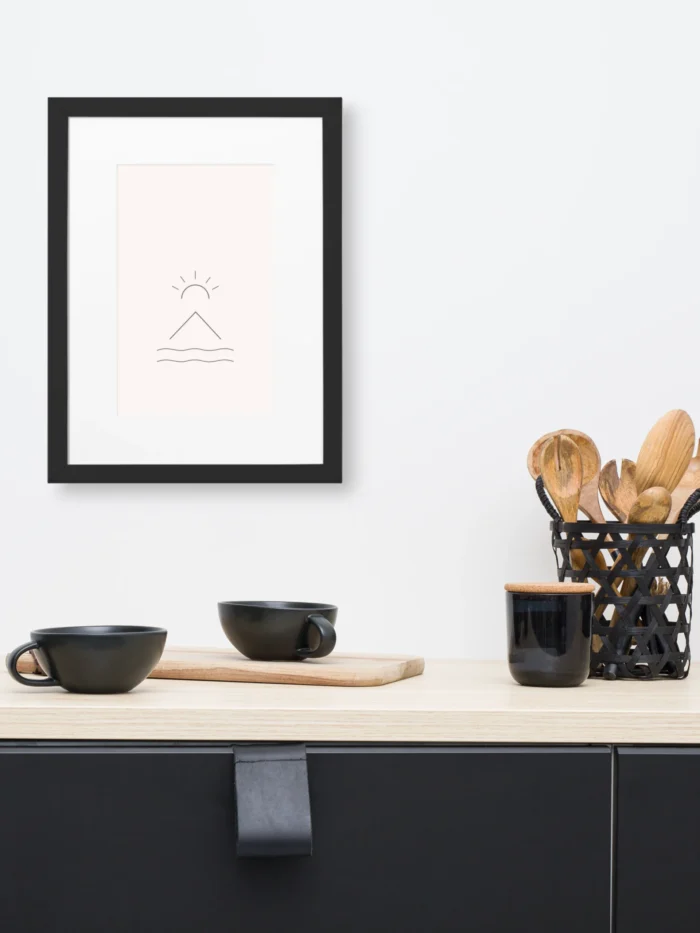 Horizon Mark framed art print 30x40 cm displayed in minimal kitchen interior