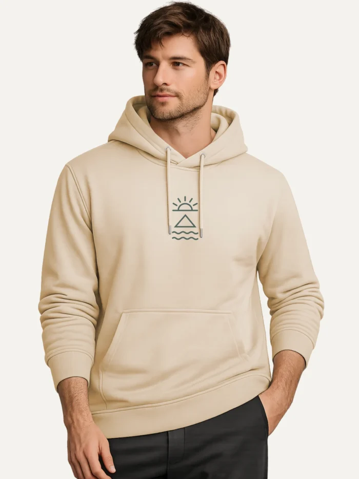A male model wearing desert dust hoddy at chest horizon mark is printed