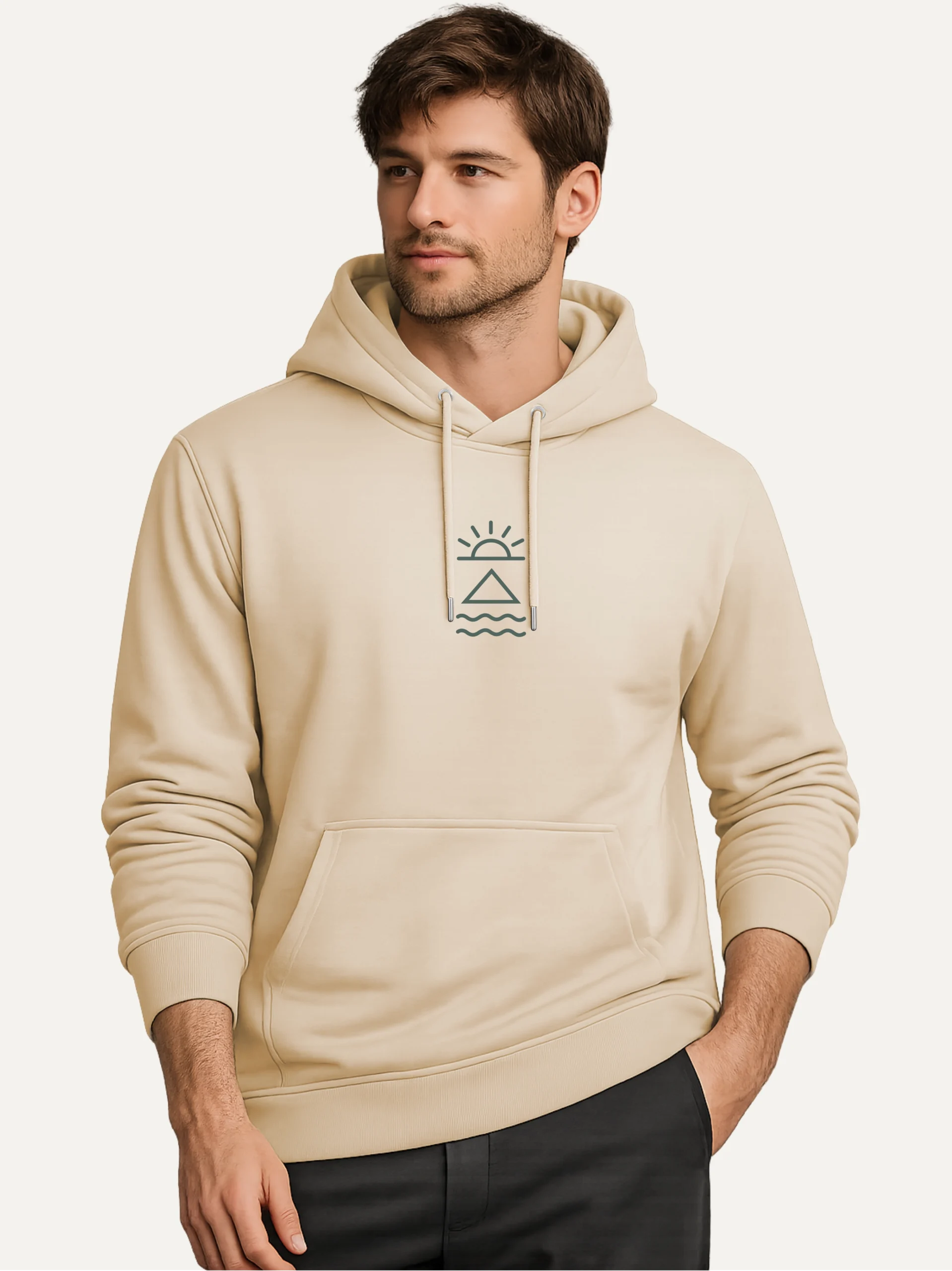 A male model wearing desert dust hoddy at chest horizon mark is printed