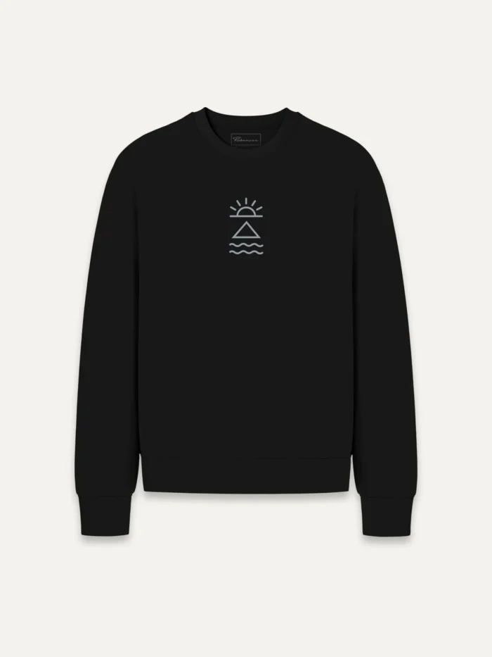 Front view of Horizon Mark organic cotton sweatshirt in Black Ink with stone grey chest print
