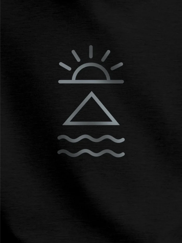 Close-up of stone grey Horizon Mark print on Black Ink organic cotton sweatshirt
