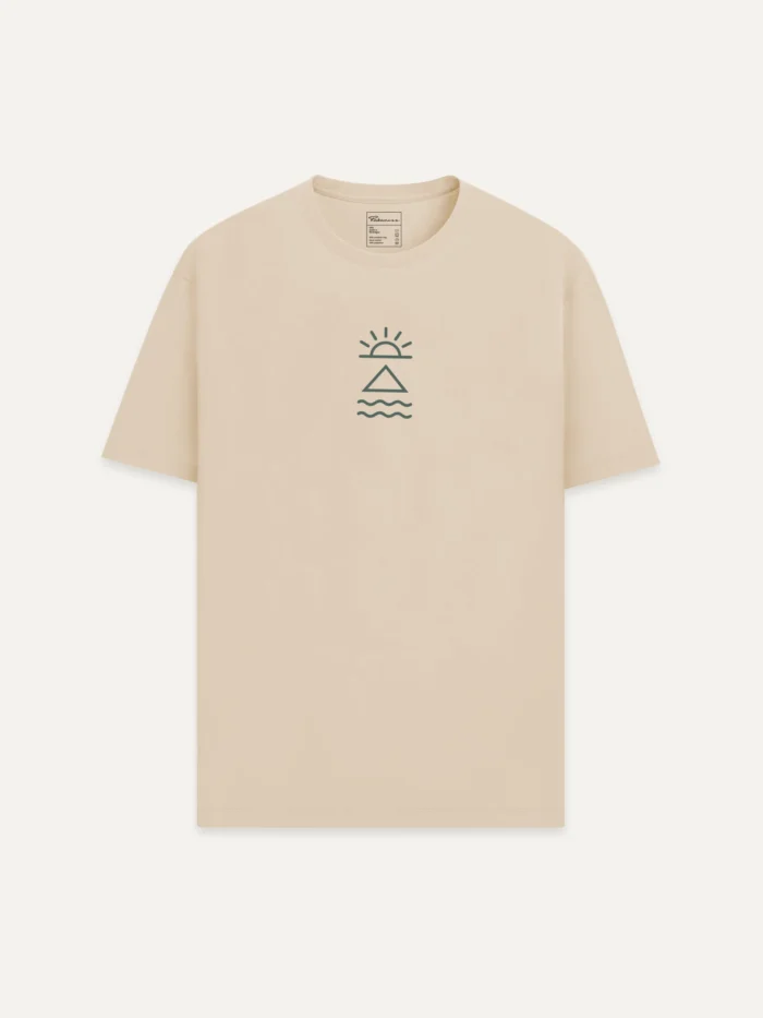 Desert Dust organic cotton t-shirt with forest green Horizon Mark chest print front view