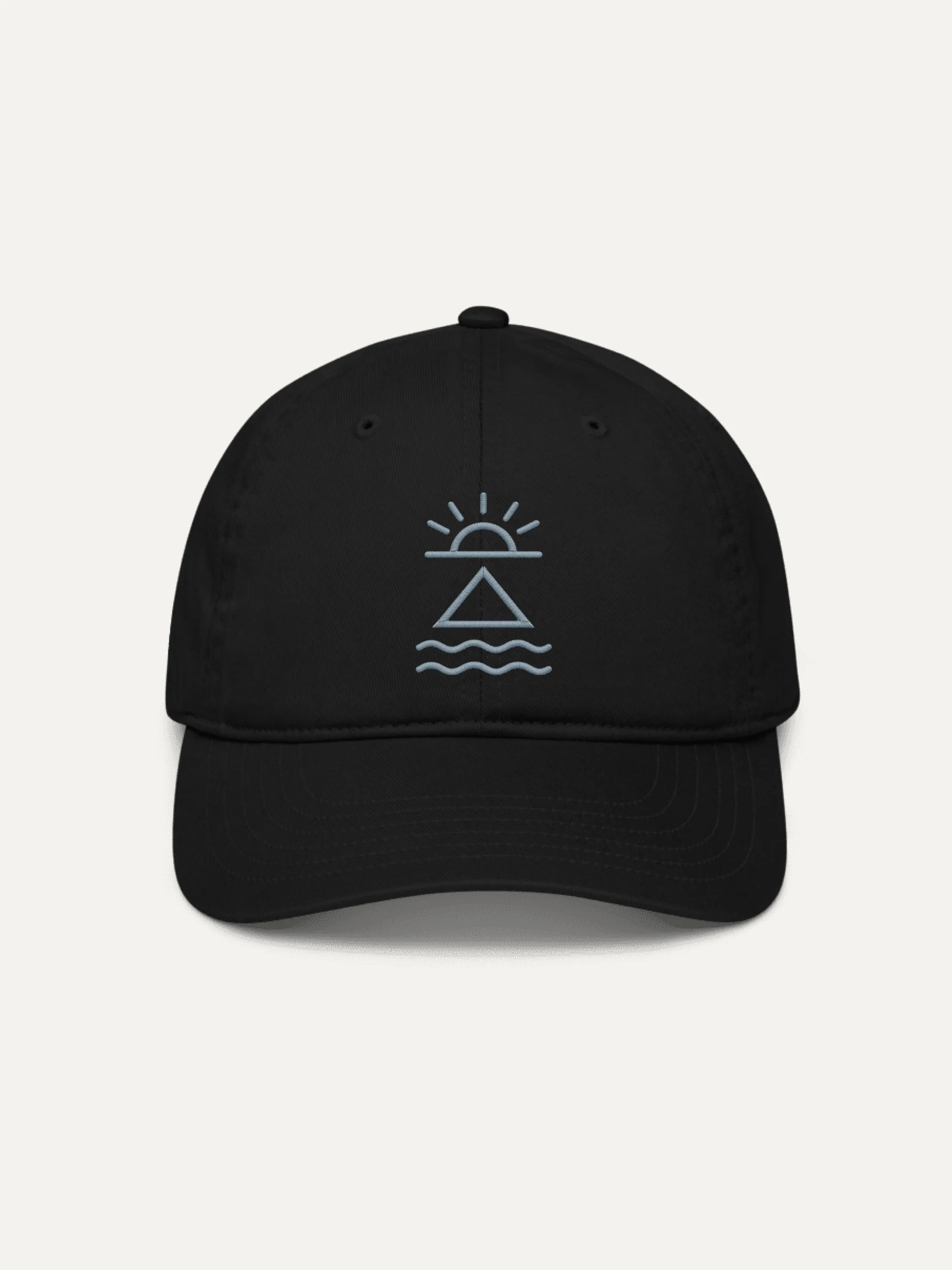 Black organic cotton twill cap with grey embroidered sun, triangle and wave artwork on front