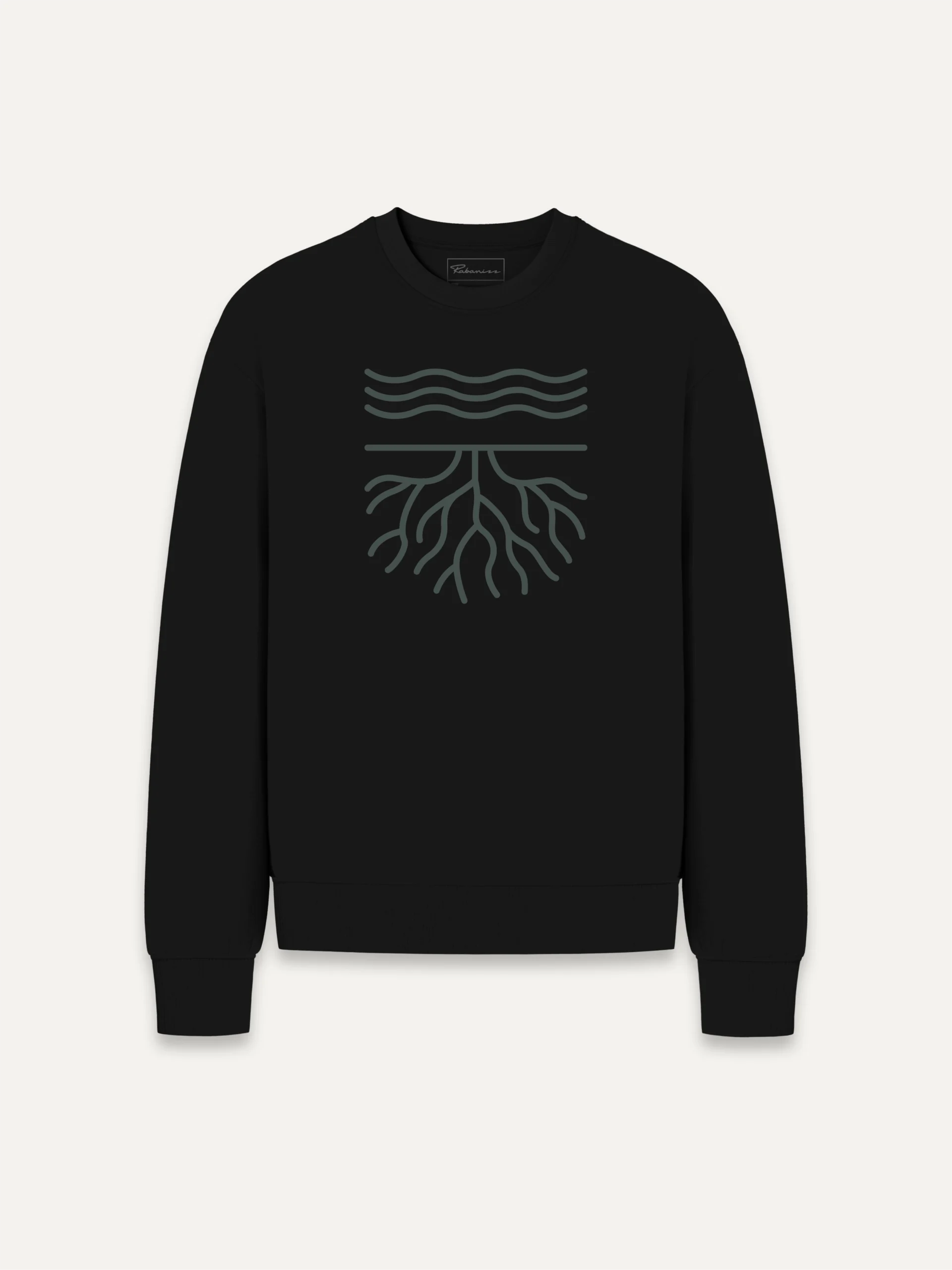 Black organic cotton sweatshirt with minimalist waves and roots graphic on front