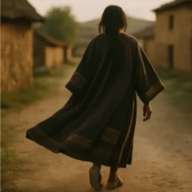 Person walking through a traditional village wearing a long embroidered garment