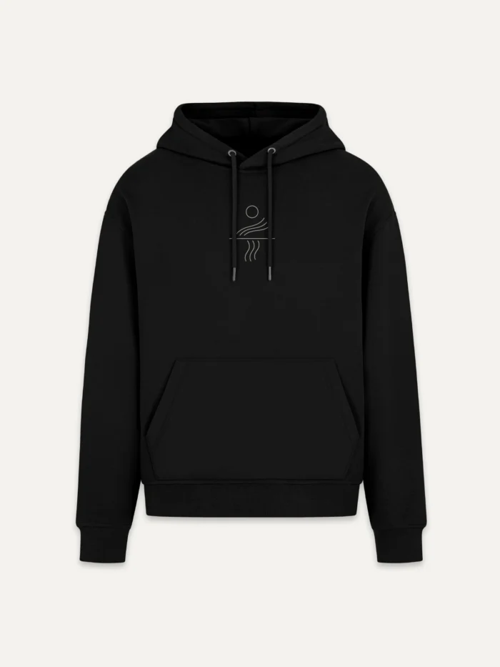 front view organic cotton hoodie in black ink with minimal solar current artwork
