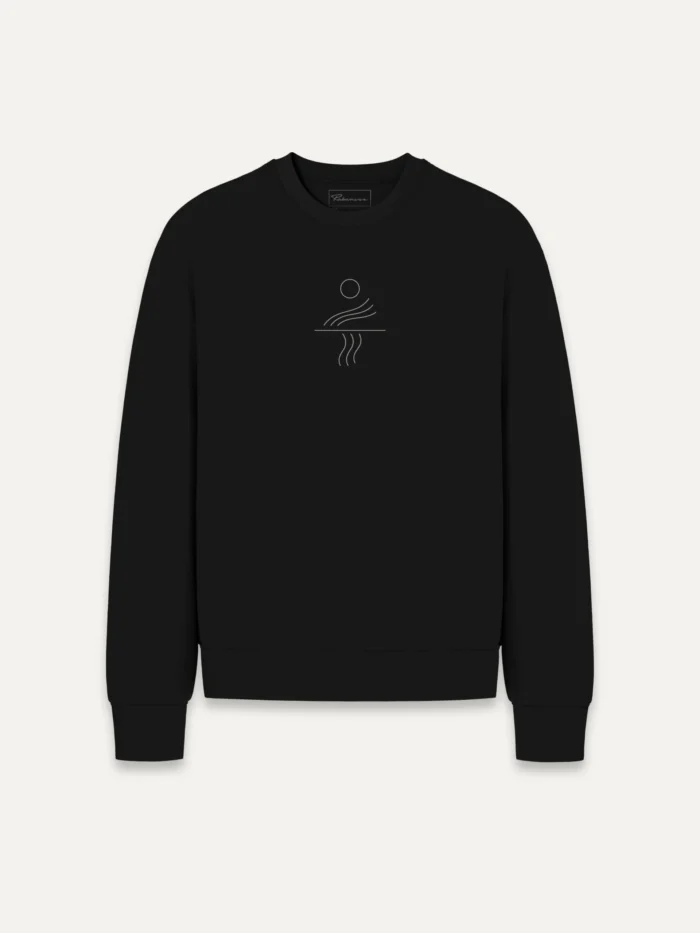 front view organic cotton sweatshirt in black ink with minimal solar current artwork