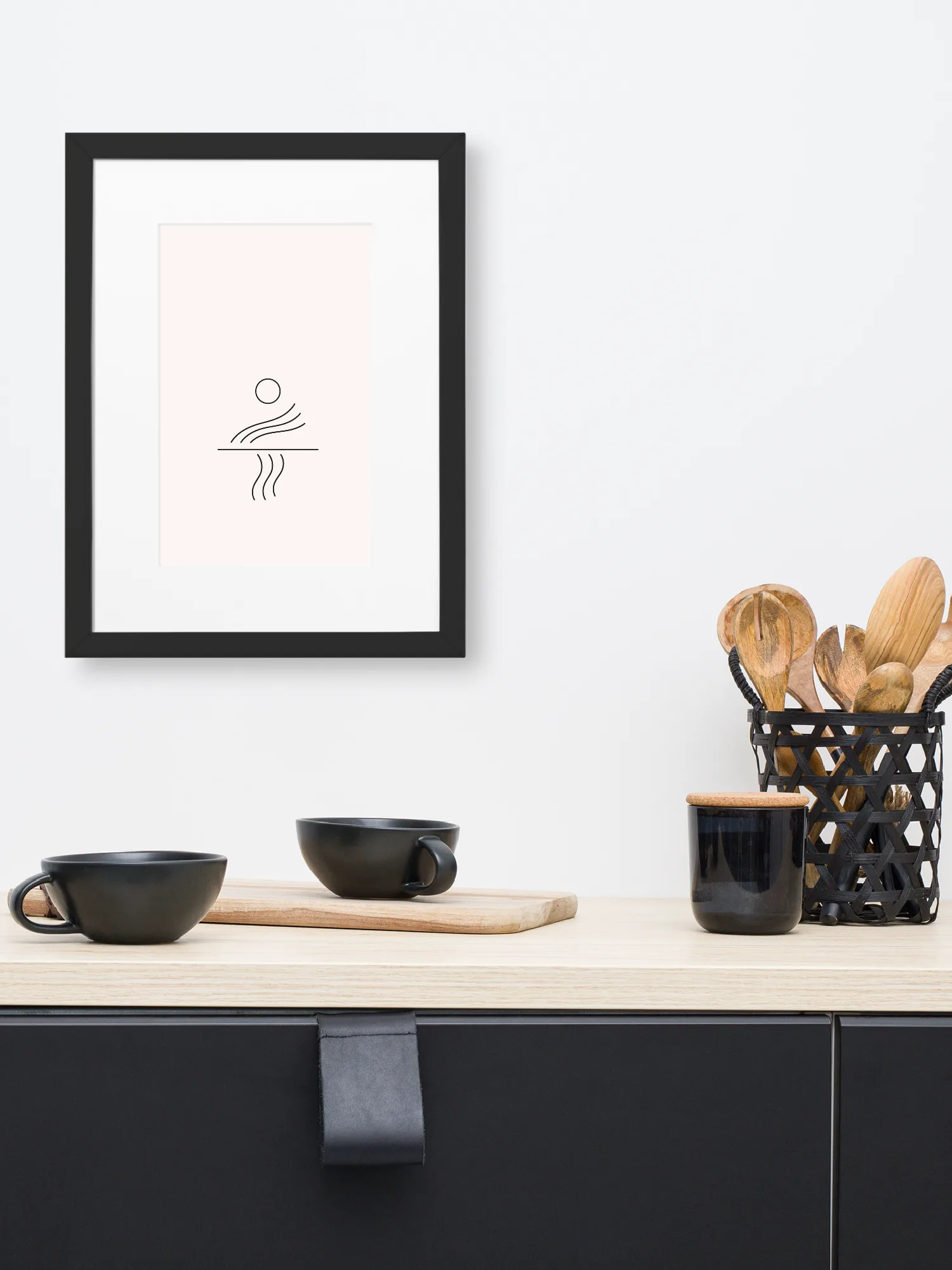 Solar Current Study 03 minimal climate system line art framed art print displayed in modern kitchen interior