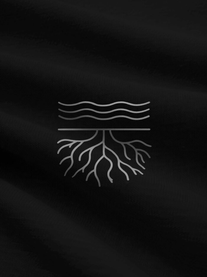 Surface & Root eco sweatshirt black chest print close-up in stone grey