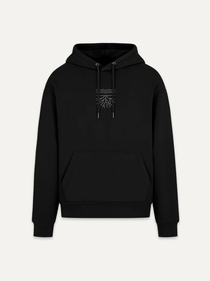 Surface & Root eco hoodie black front flat lay view