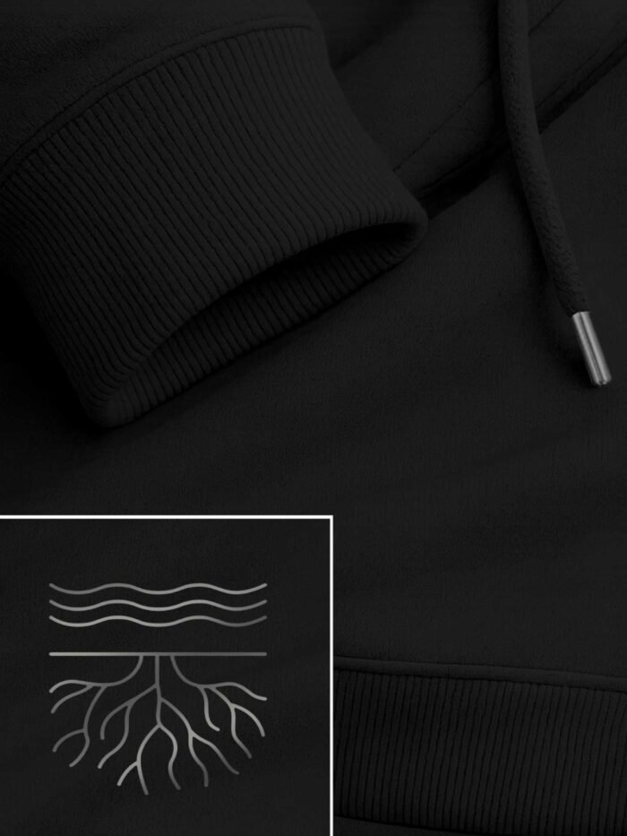Surface & Root eco hoodie black ribbed cuff and chest print close-up