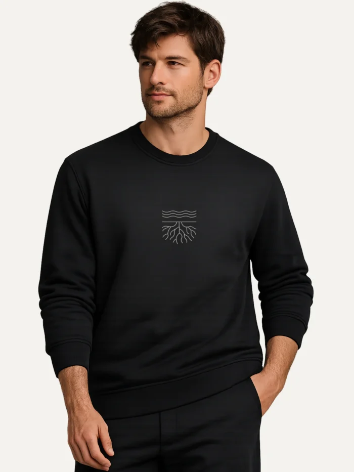 Surface & Root eco sweatshirt black front view worn by model