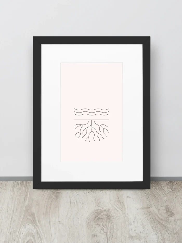 Surface and Root Study 02 framed art print 30x40 cm leaning against wall on wooden floor