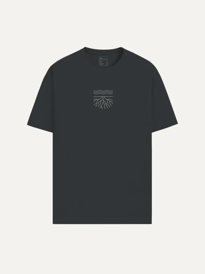 Front view of India ink grey organic cotton t-shirt with minimal surface and root line artwork printed in off-stone grey ink