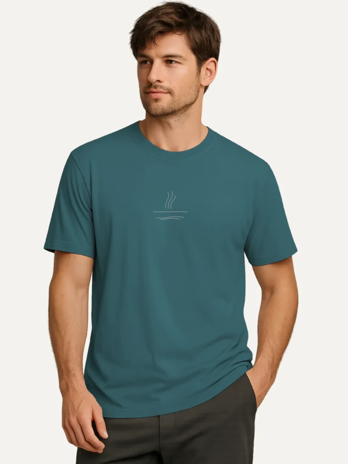 thermal rise organic cotton t shirt worn by male model stargazer blue