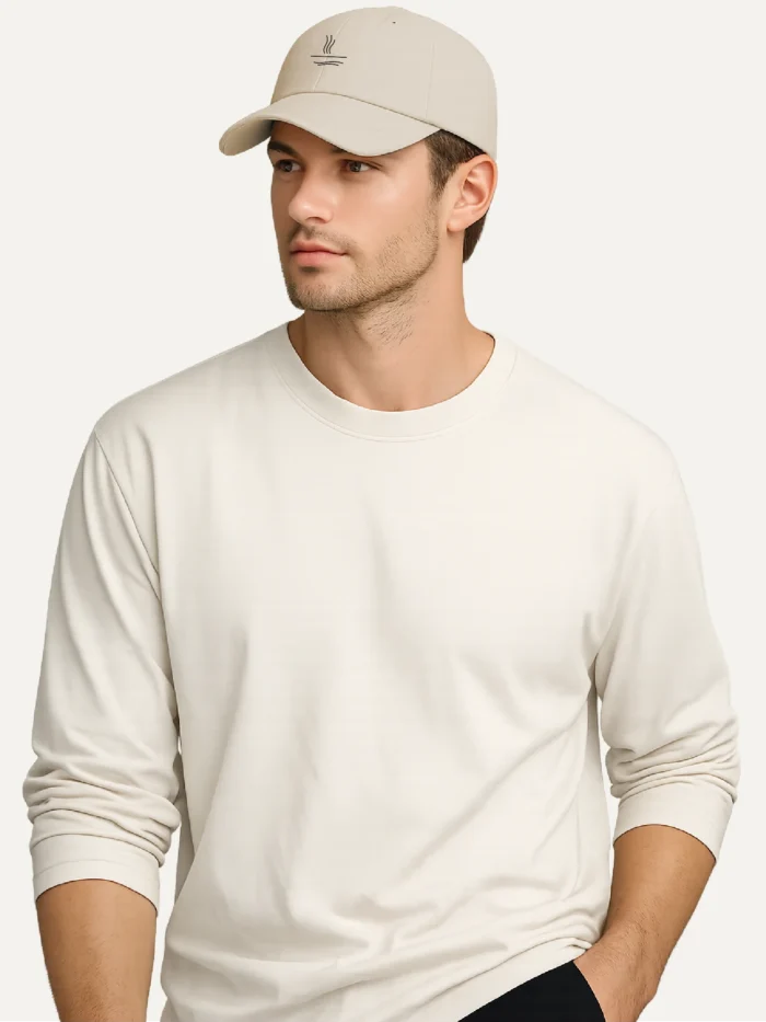 man wearing organic cotton cap oyster minimal line design