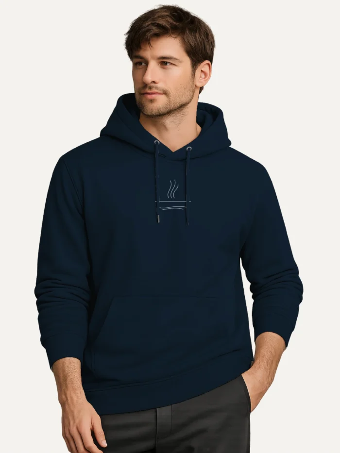 man wearing organic cotton hoodie french navy minimal line design front view