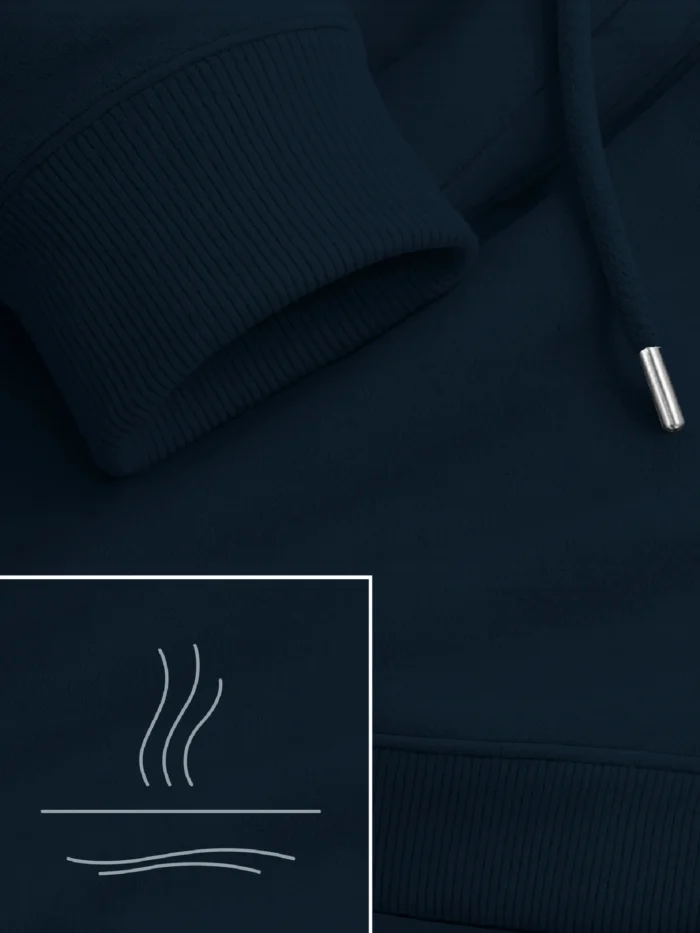 organic cotton hoodie french navy ribbed hem and minimal line graphic detail