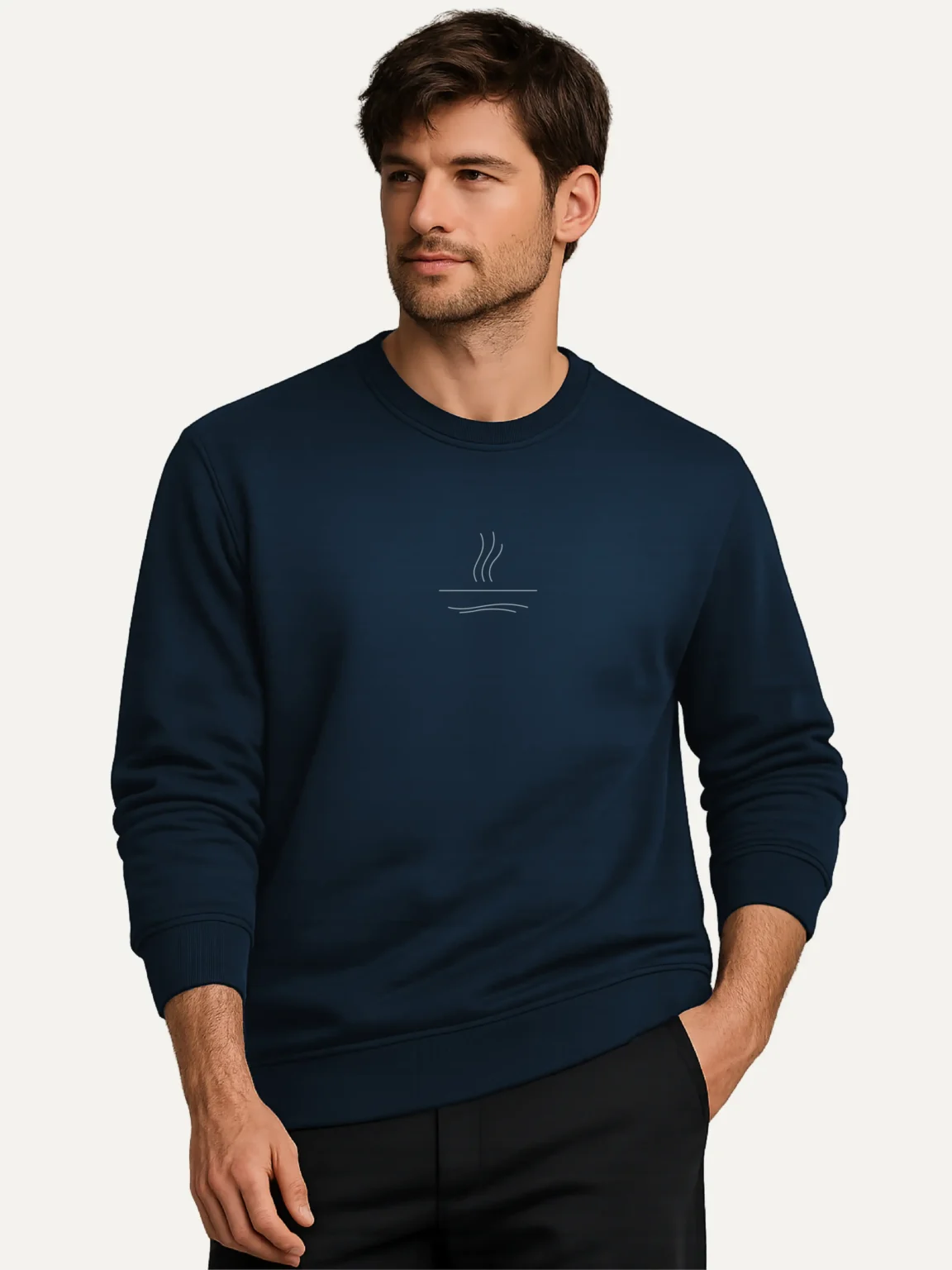 man wearing organic cotton sweatshirt french navy minimal line design front view