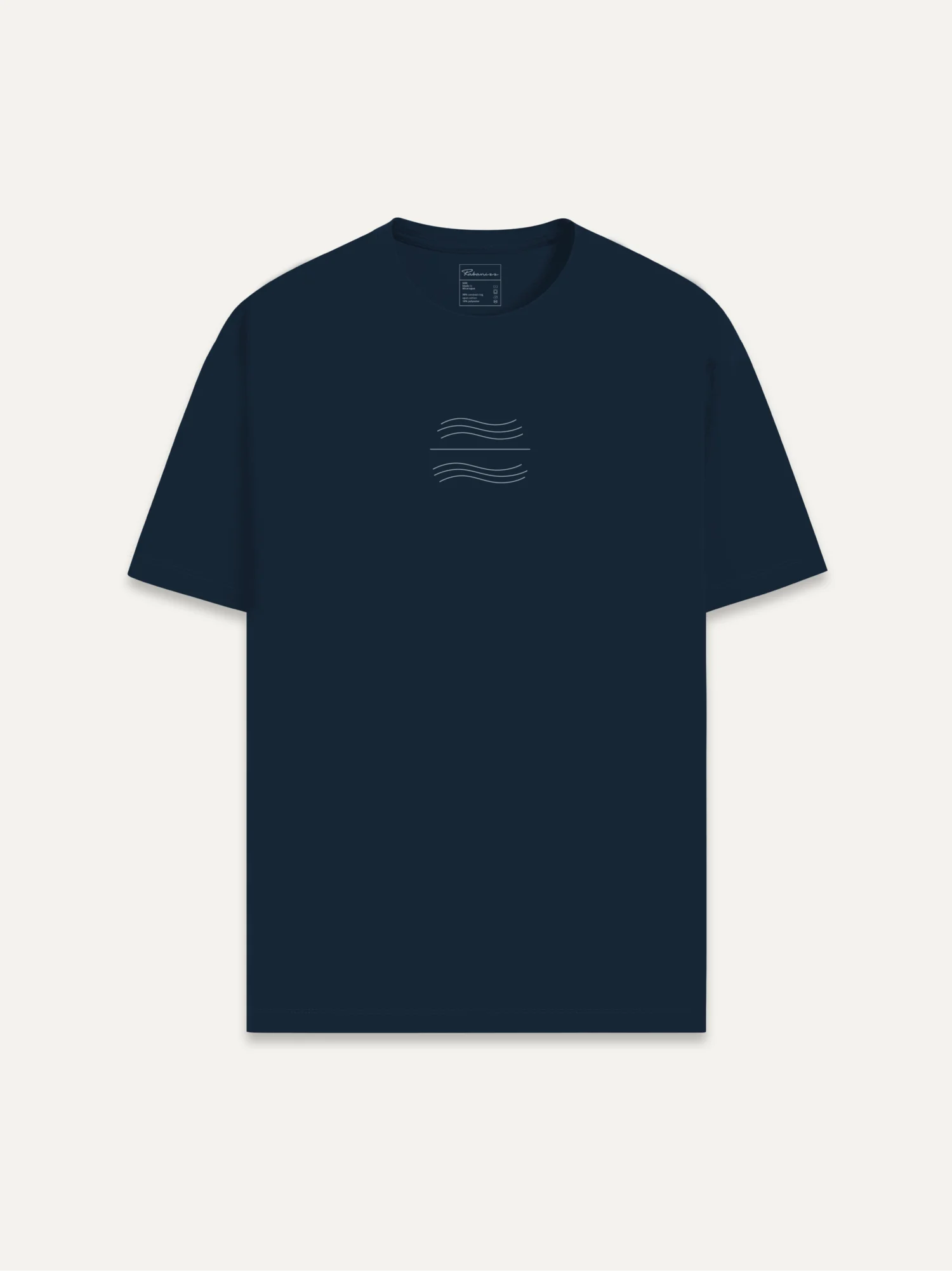 Organic cotton t-shirt in french navy with minimal tidal balance wave symbol printed on chest