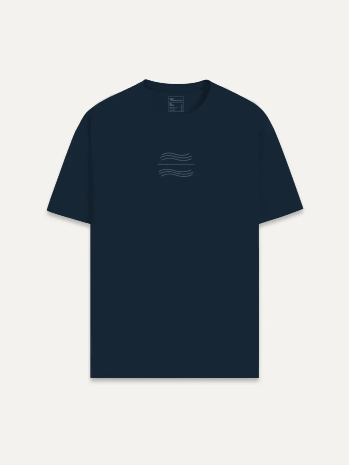 Organic cotton t-shirt in french navy with minimal tidal balance wave symbol printed on chest