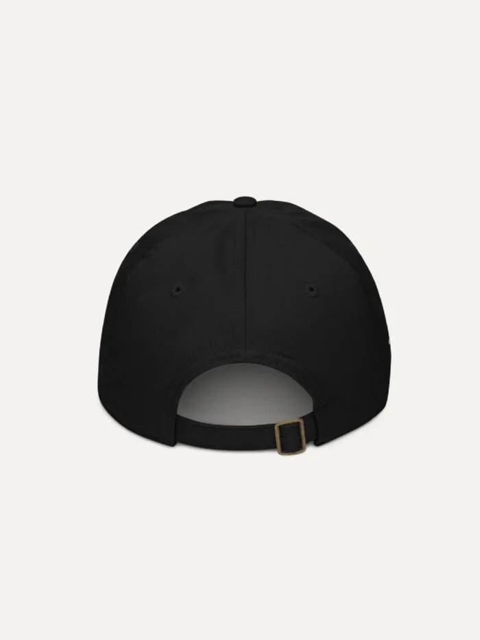 black organic cotton twill cap back view with adjustable strap