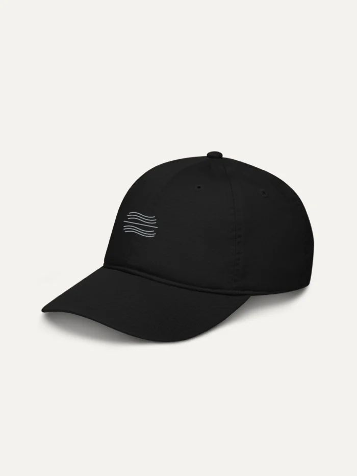 black organic cotton twill cap with tidal balance embroidery left angled view