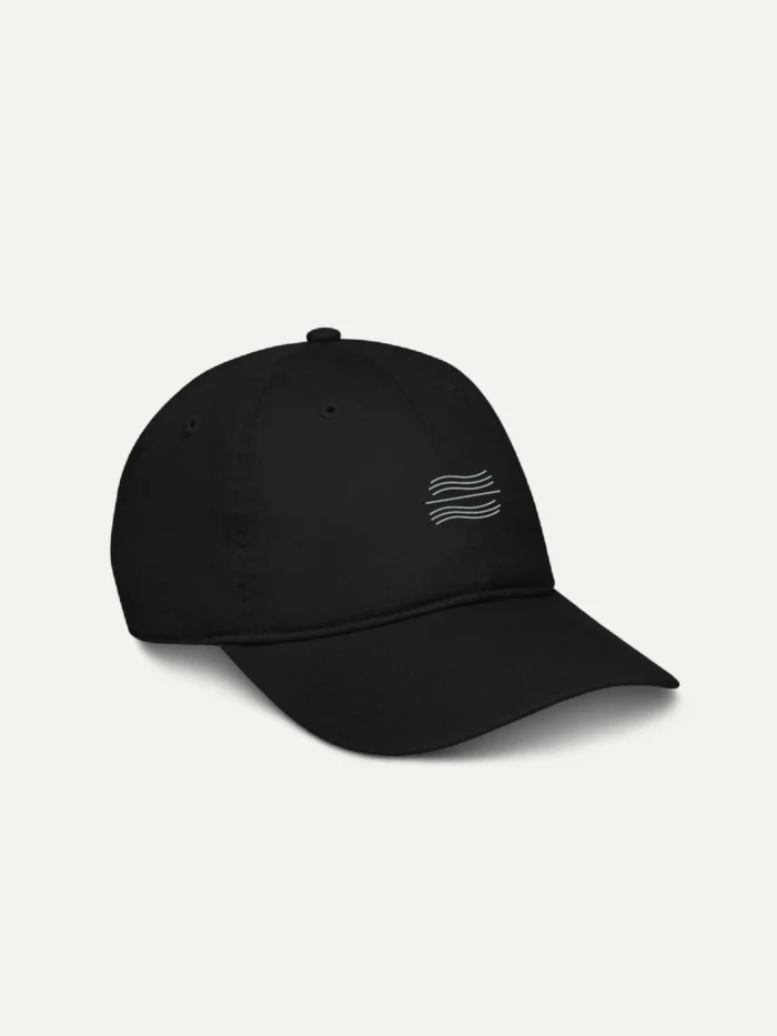 black organic cotton twill cap with tidal balance embroidery right angled view