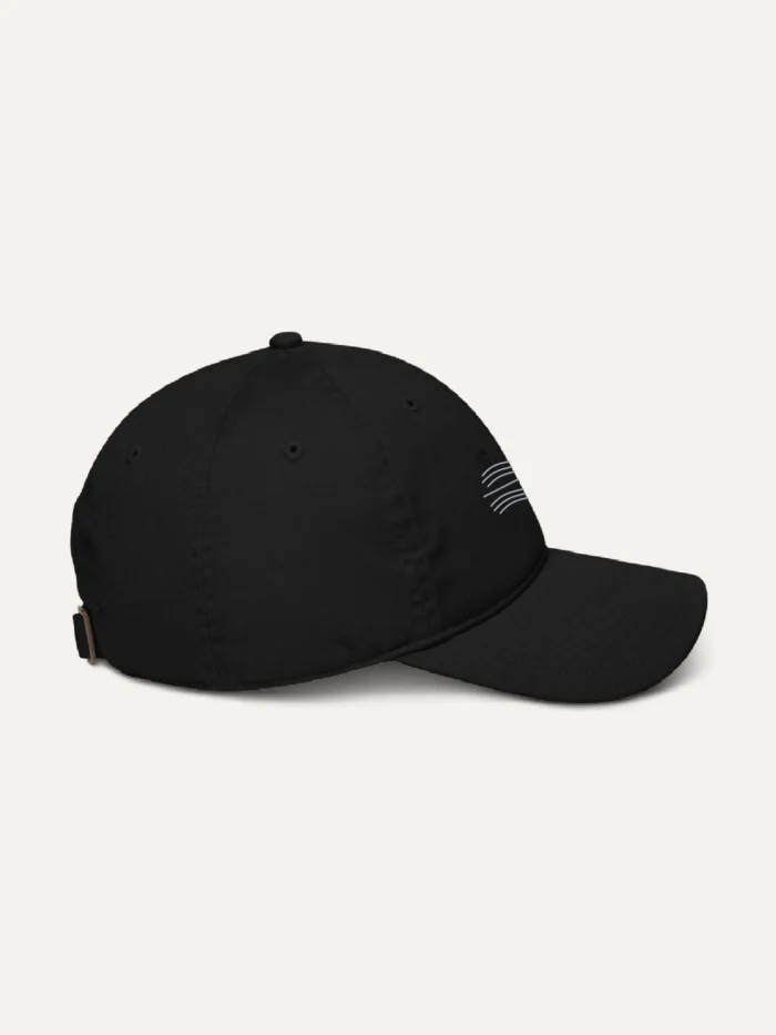 black organic cotton twill cap with tidal balance embroidery side view