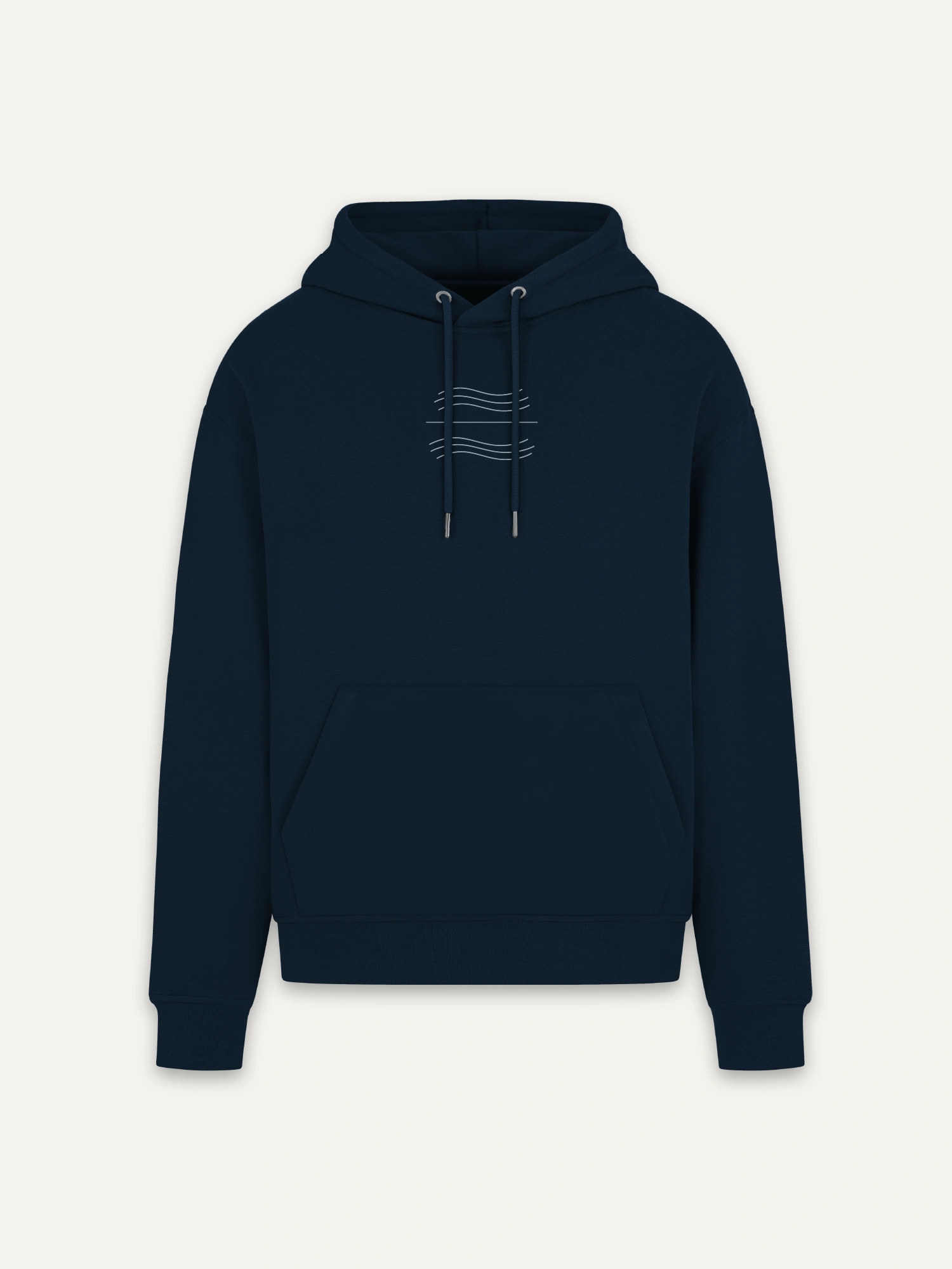 Tidal Balance organic hoodie French navy front view with stone grey print