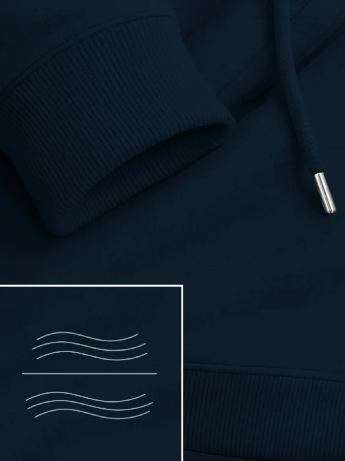 Tidal Balance organic hoodie French navy rib cuff fabric and print details detail