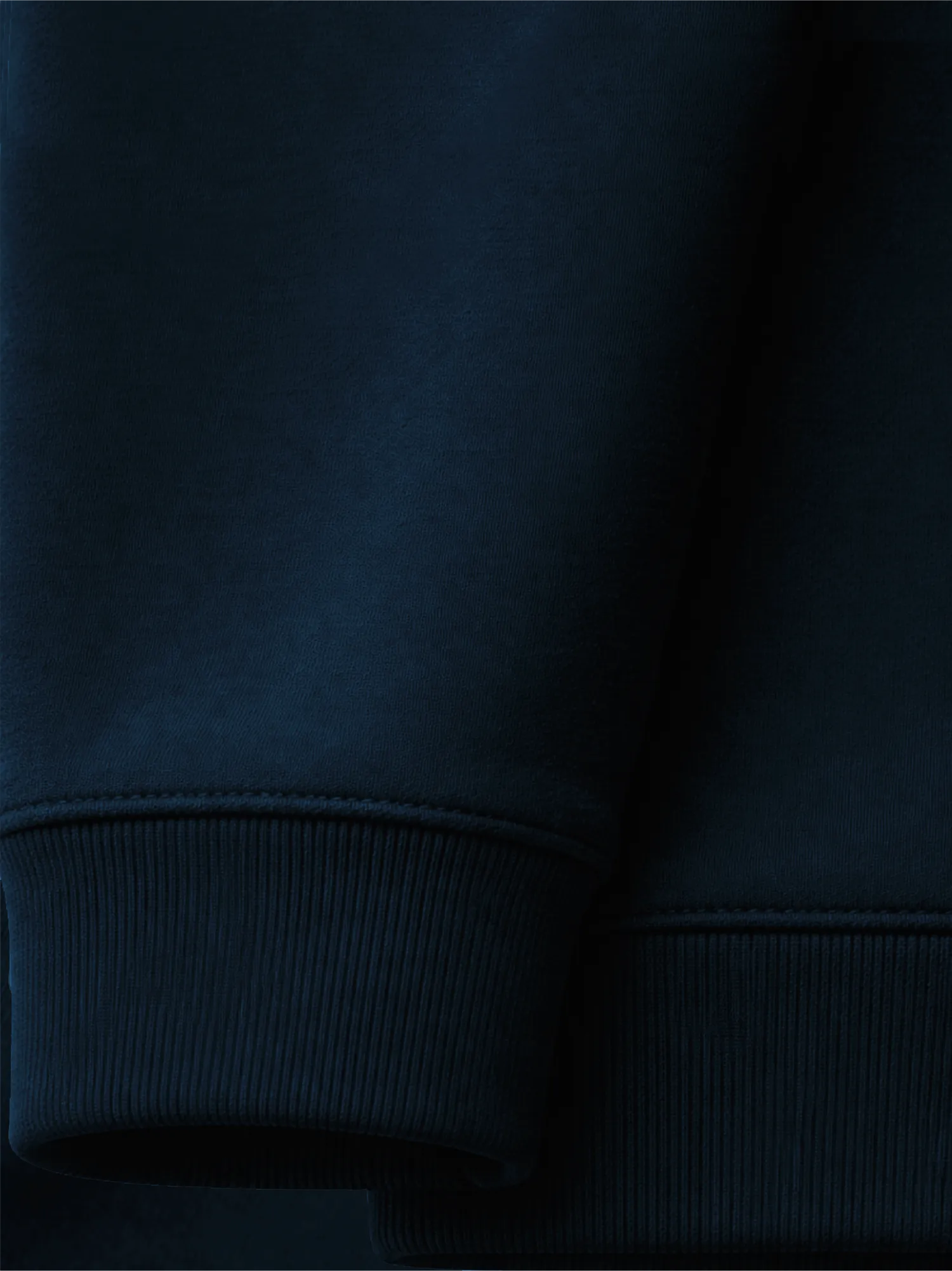French navy organic sweatshirt cuff and hem rib detail close-up